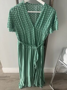Women's Green Polka Dot Wrap Maxi Dress with Self Tie